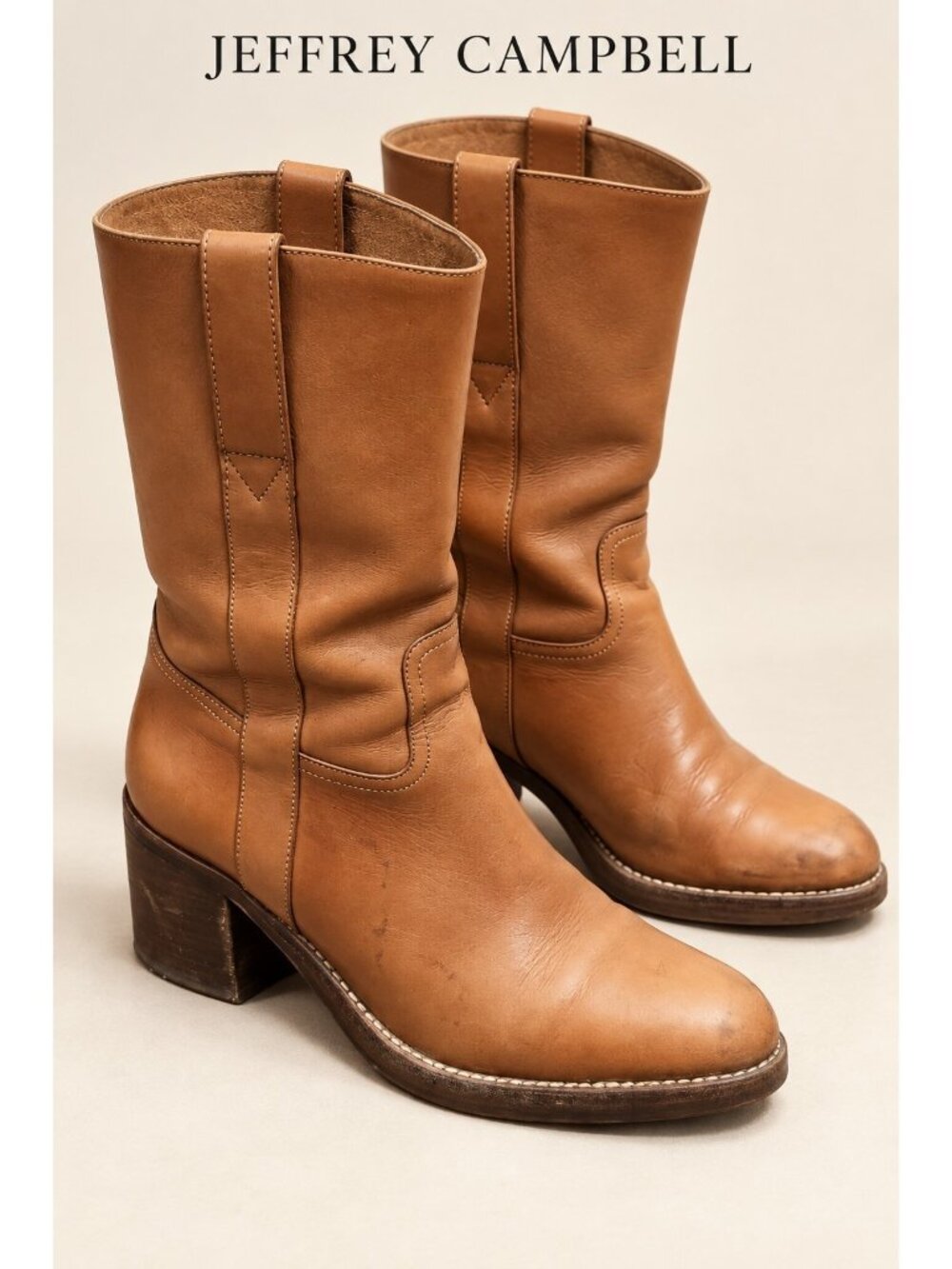 Jeffrey Campbell 8.5 Cognac Leather Mid Calf Pull On Western Boots